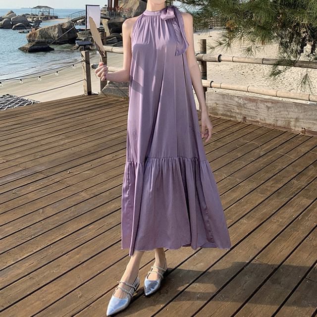 Sleeveless Maxi Dress A-Line Plain Crewneck