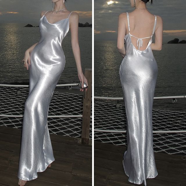 Back Dress Sheath Maxi Open Plain Strap Spaghetti