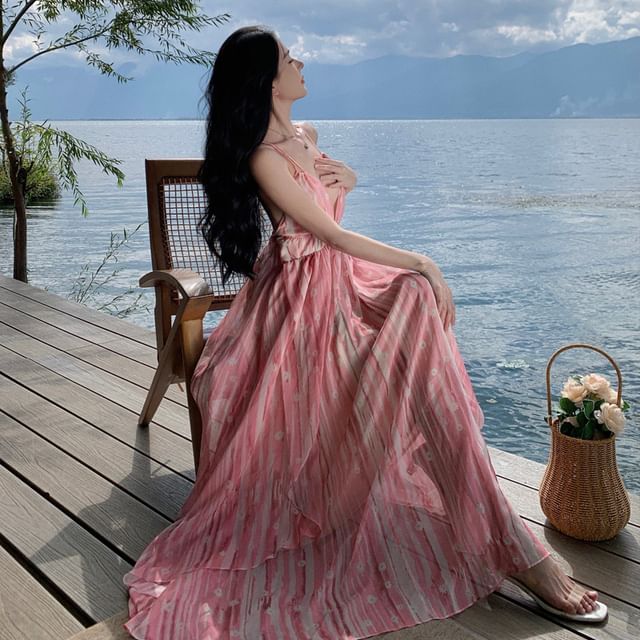 Dress Spaghetti A-Line Print Maxi Strap V-Neck Floral