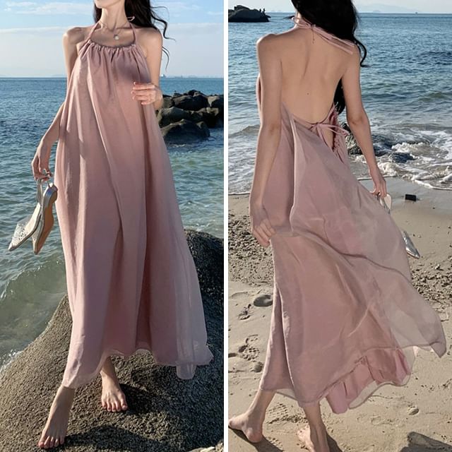 Halter A-Line Dress Back Neck Plain Open Midi