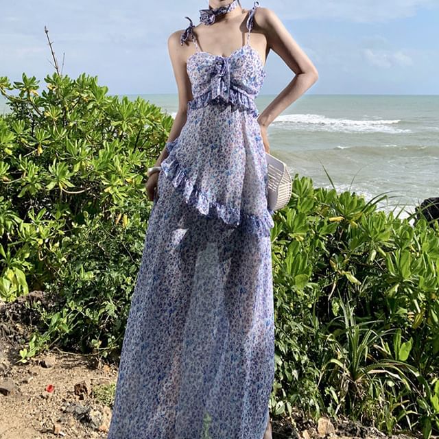 Floral A-Line Strap Dress Midi Print Spaghetti