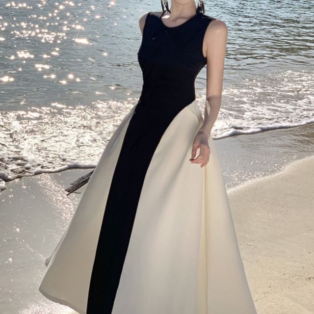 Sleeveless Crewneck Maxi Tone Dress A-Line Two