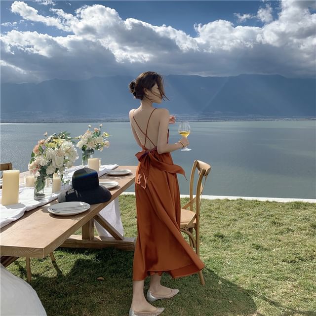 A-Line Spaghetti Maxi Plain Dress V-Neck Strap