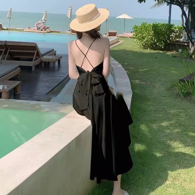 A-Line Spaghetti Maxi Plain Dress V-Neck Strap