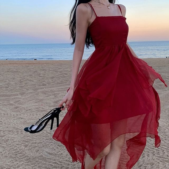 Spaghetti Strap Dress A-Line Sheer Asymmetrical