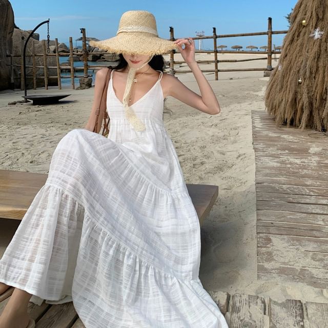 Dress V-Neck Maxi A-Line Plain Sleeveless