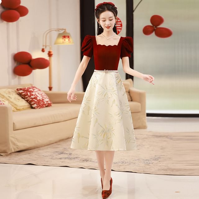 A-Line Dress Notched / Elbow-Sleeve Gown Evening