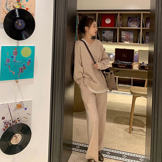 + Leg Two-Tone Pants High Long-Sleeve Waist Neck T-Shirt Wide Set: Crew