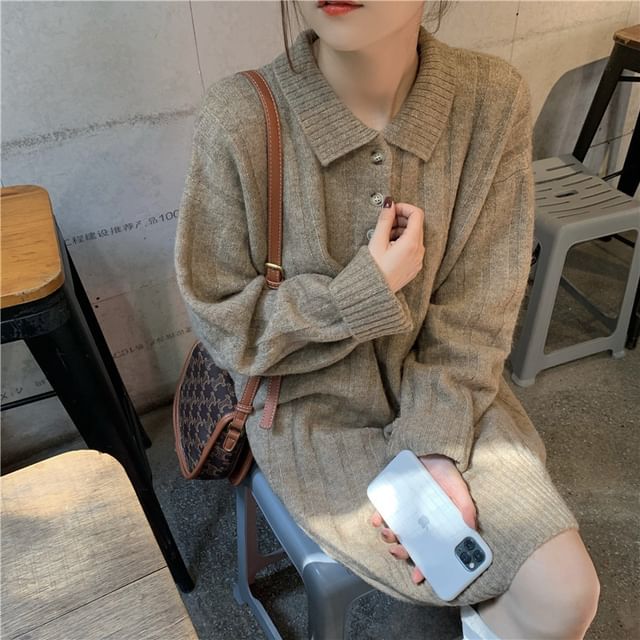 Mini Plain Polo-Neck Dress Long-Sleeve Sweater