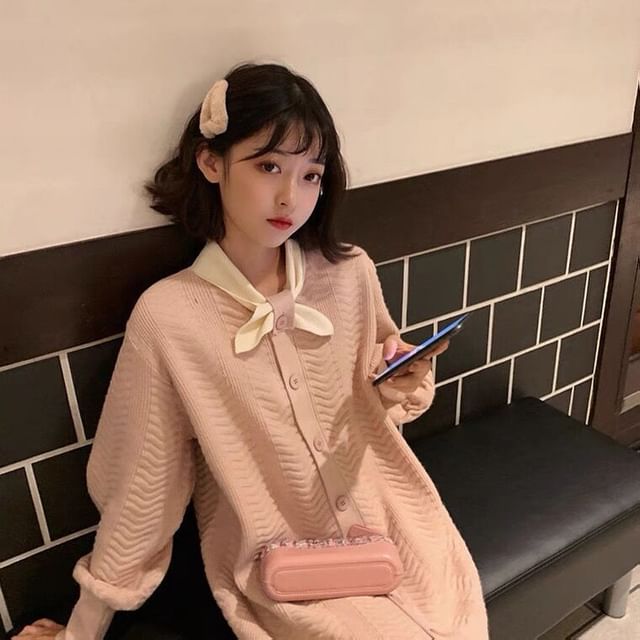 Knit Midi Puff-Sleeve Tie-Neck Dress Button-Up Plain