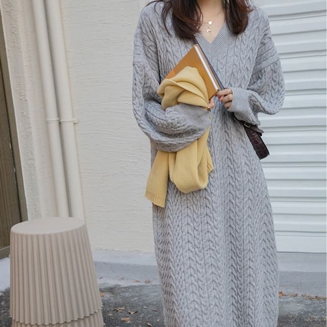 Dress V-Neck Sweater Midi Plain Long-Sleeve