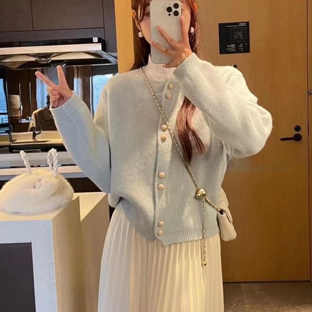 Faux Cardigan Buttoned Pearl Plain