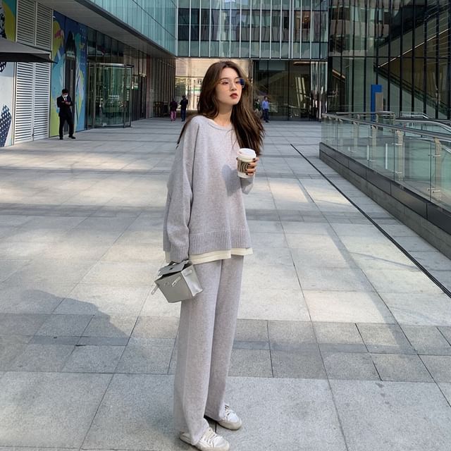 + Leg Two-Tone Pants High Long-Sleeve Waist Neck T-Shirt Wide Set: Crew