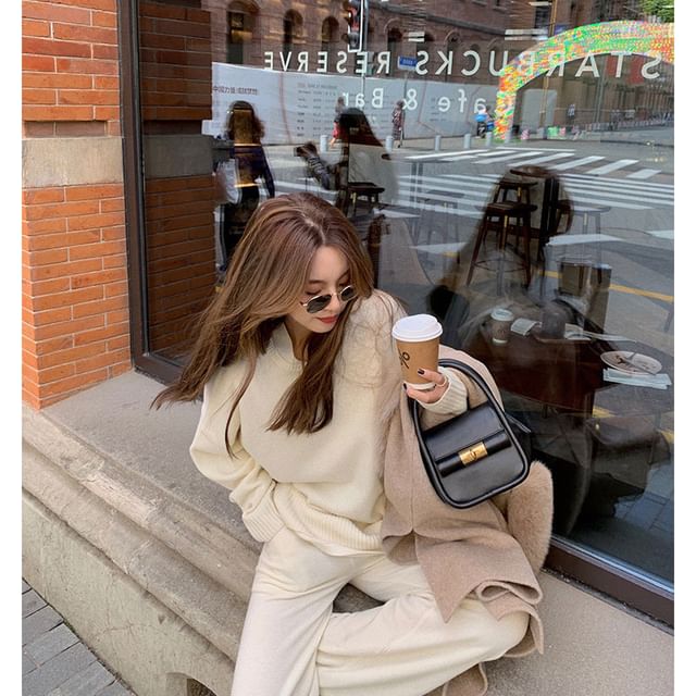+ Leg Two-Tone Pants High Long-Sleeve Waist Neck T-Shirt Wide Set: Crew