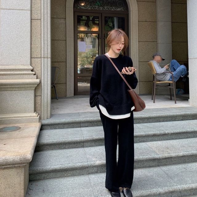 + Leg Two-Tone Pants High Long-Sleeve Waist Neck T-Shirt Wide Set: Crew