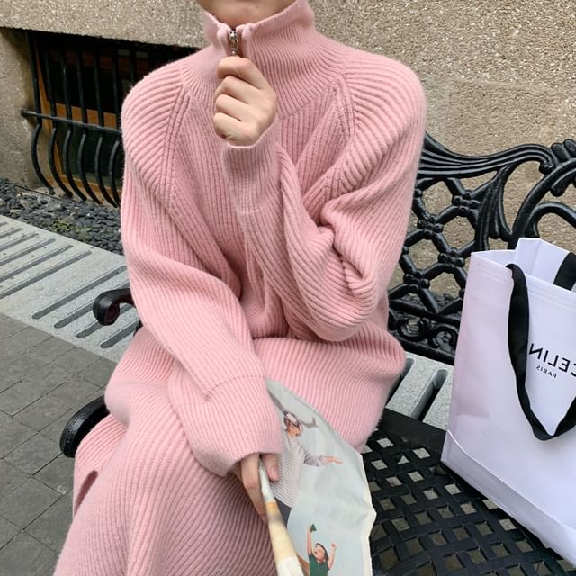 Plain Dress Midi Sweater Half-Zip Long-Sleeve Ribbed