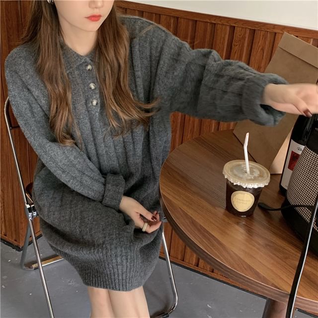 Mini Plain Polo-Neck Dress Long-Sleeve Sweater