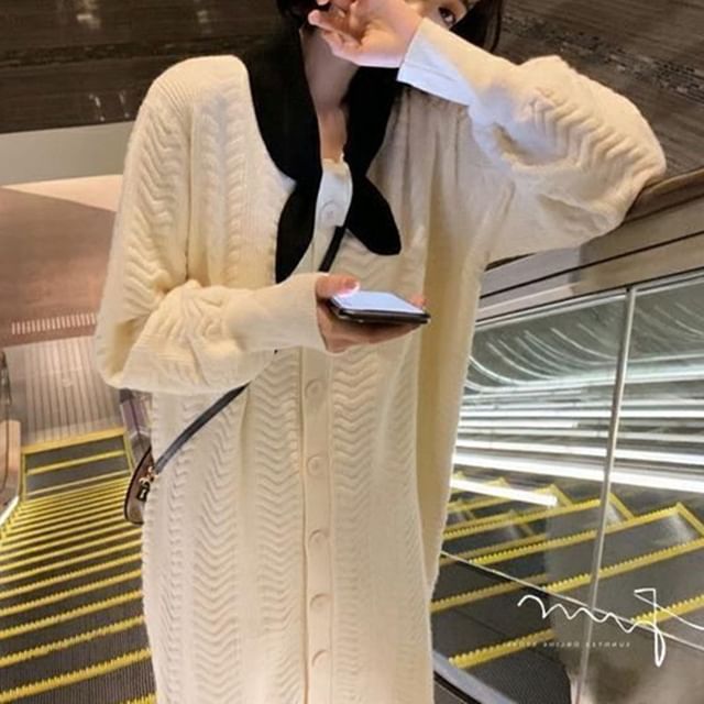 Knit Midi Puff-Sleeve Tie-Neck Dress Button-Up Plain