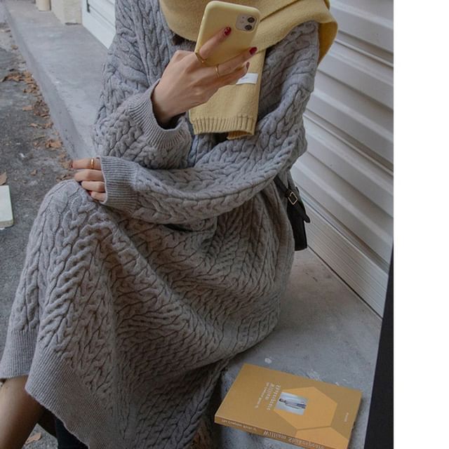 Dress V-Neck Sweater Midi Plain Long-Sleeve