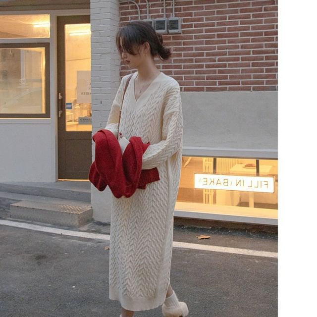 Dress V-Neck Sweater Midi Plain Long-Sleeve