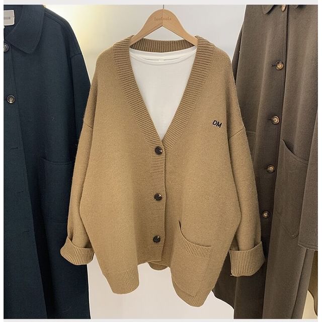 Button-Up Letter Cardigan Embroidered V-Neck