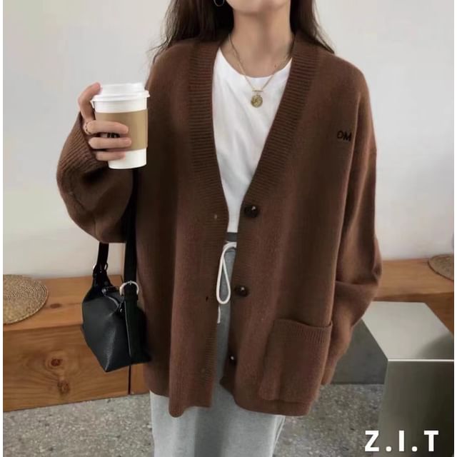 Button-Up Letter Cardigan Embroidered V-Neck