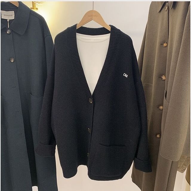 Button-Up Letter Cardigan Embroidered V-Neck