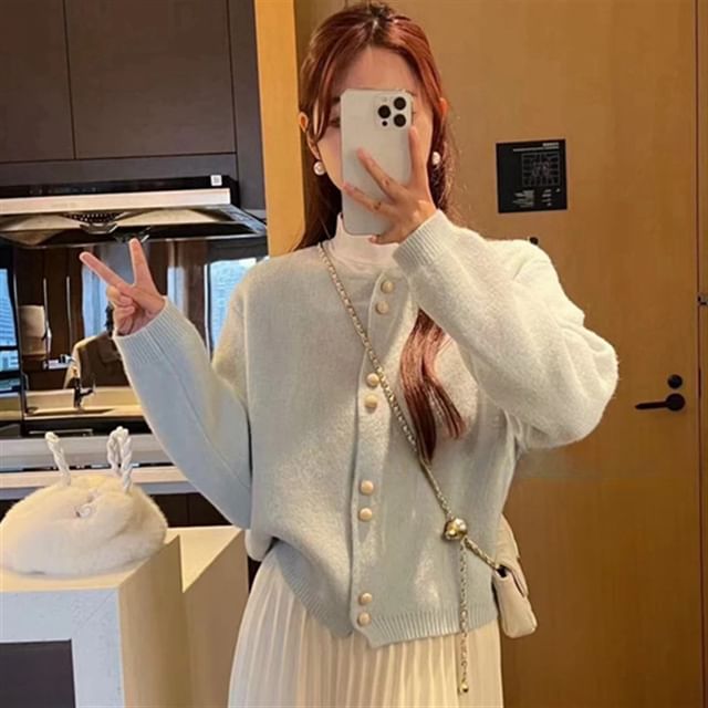 Faux Cardigan Buttoned Pearl Plain