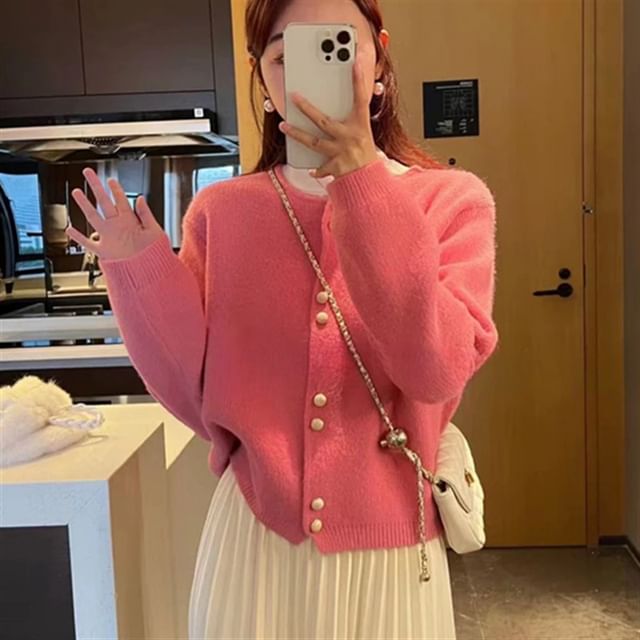 Faux Cardigan Buttoned Pearl Plain