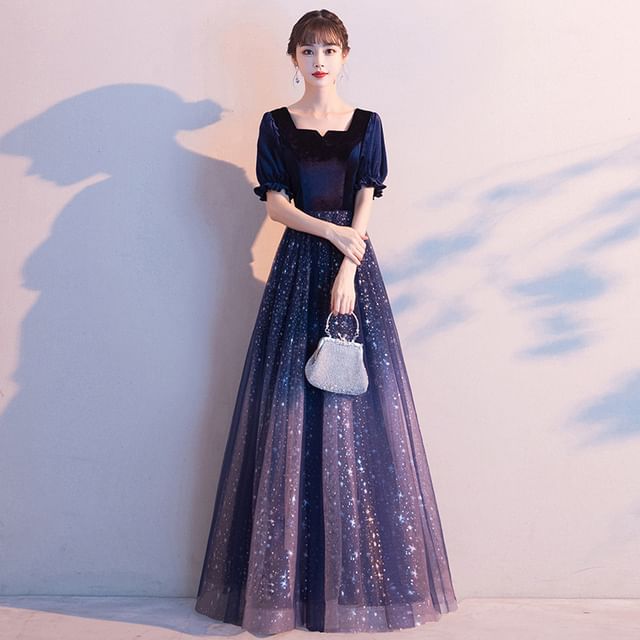 Panel Velvet Mesh Dress / A-Line Cocktail Gradient Gown Evening