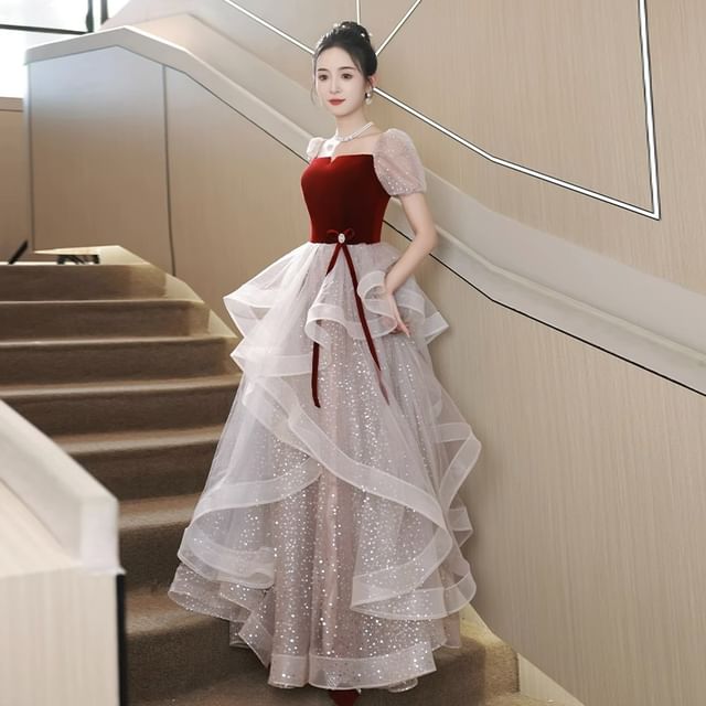 Dress Mesh Square Ruffle Panel Neck Evening A-Line Gown Velvet / Cocktail Short-Sleeve