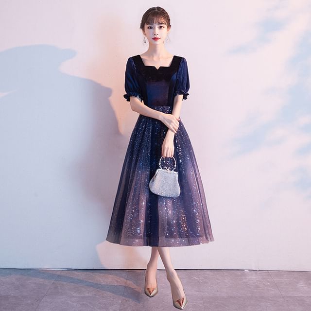 Panel Velvet Mesh Dress / A-Line Cocktail Gradient Gown Evening