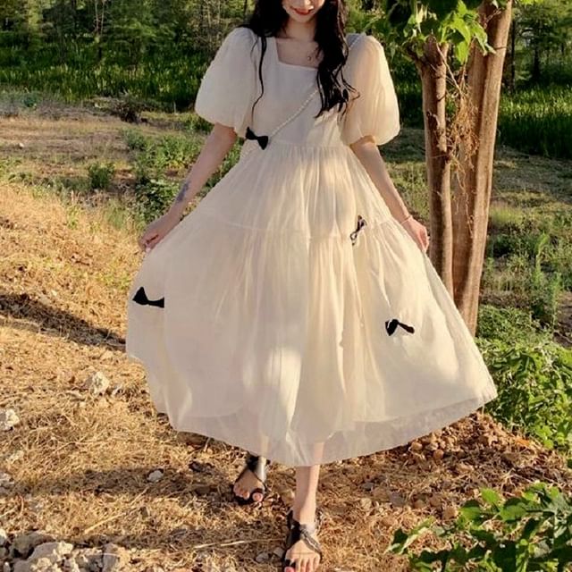 Plain Sundress Puff-Sleeve Square Bow Midi Neck