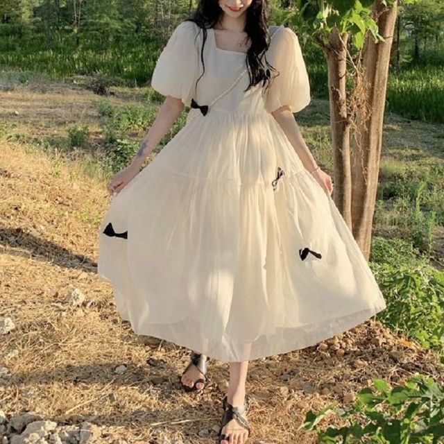 Plain Sundress Puff-Sleeve Square Bow Midi Neck