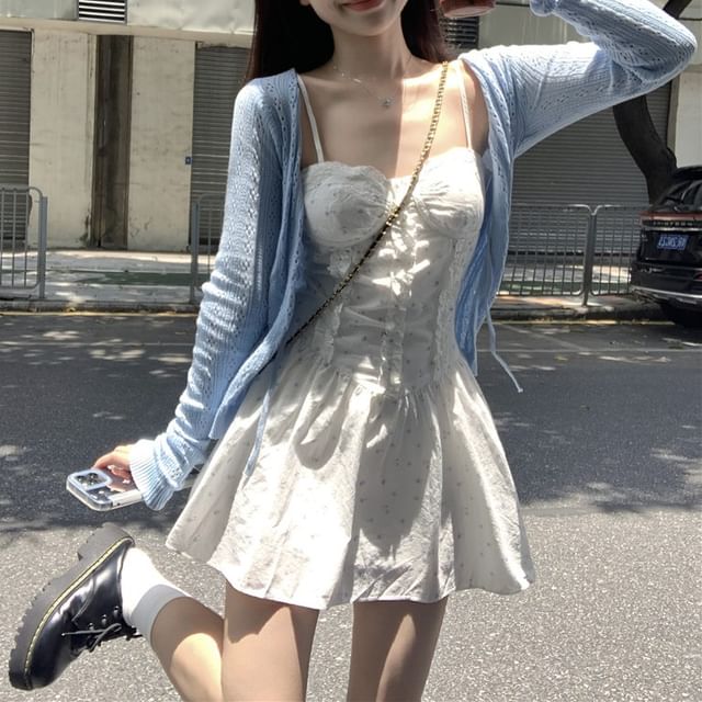 Strap Floral Mini Pointelle Dress / Cardigan Spaghetti Print Ruffle A-Line Plain