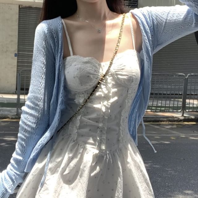 Strap Floral Mini Pointelle Dress / Cardigan Spaghetti Print Ruffle A-Line Plain