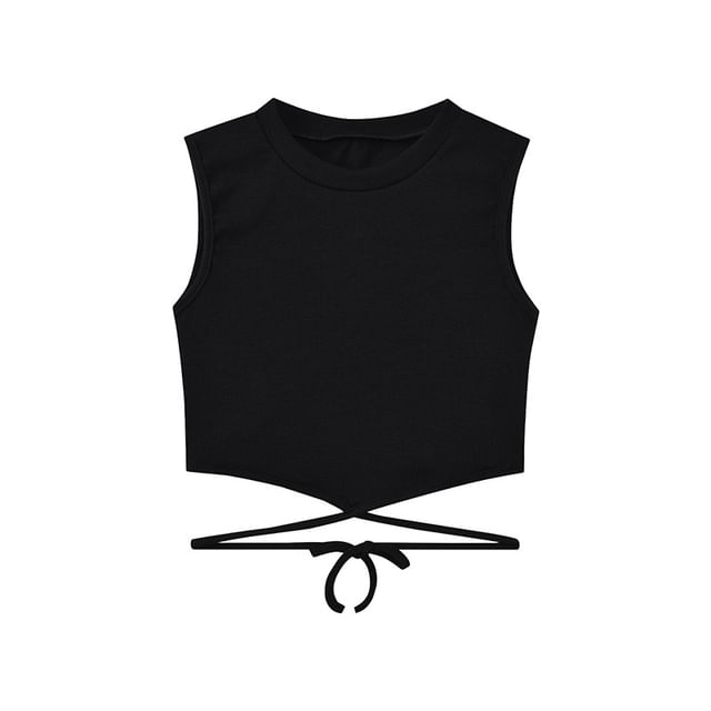 Back Top Crop Cross Tie Plain Crew Criss Tank Neck
