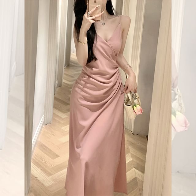 Spaghetti Strap Plain Ruched Slit Midi A-Line Dress