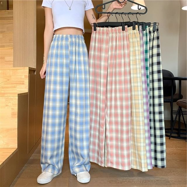 Waist Wide Leg Pants Elastic Plaid