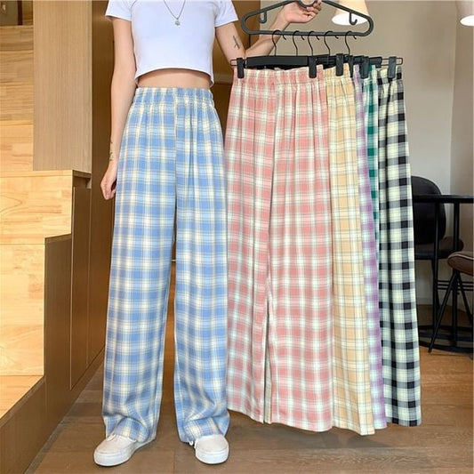 Waist Wide Leg Pants Elastic Plaid