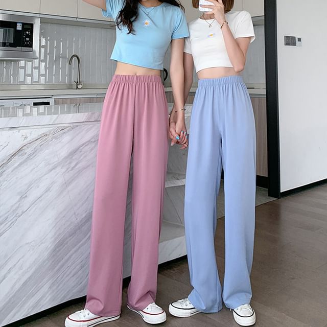 (Various Pants Designs) Elastic Straight Leg Waist Plain
