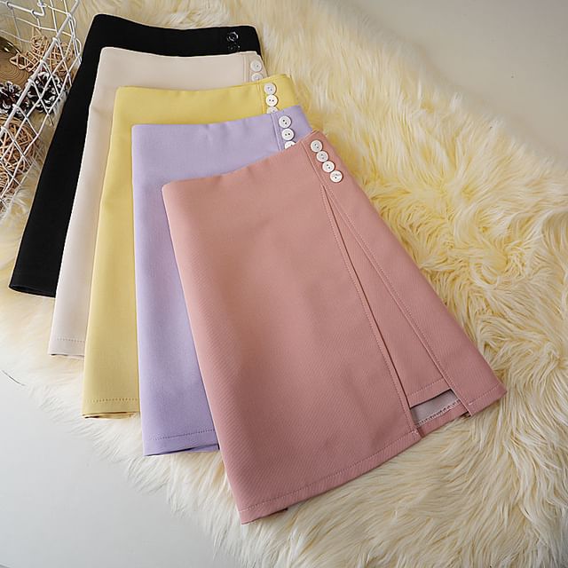 Panel Skirt A-Line Plain High Mini Waist Button