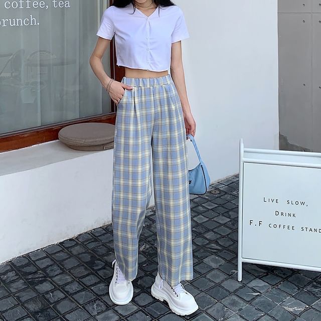 Waist Wide Leg Pants Elastic Plaid