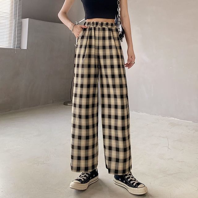 Waist Wide Leg Pants Elastic Plaid