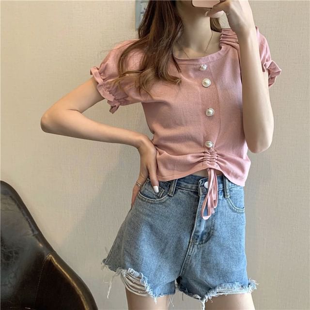 Short-Sleeve Neck Drawstring Button Square Top Pearl Faux Knit Plain