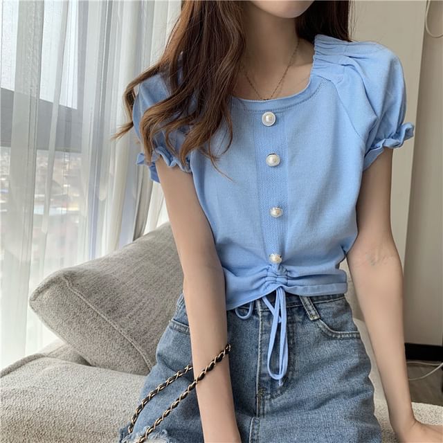 Short-Sleeve Neck Drawstring Button Square Top Pearl Faux Knit Plain