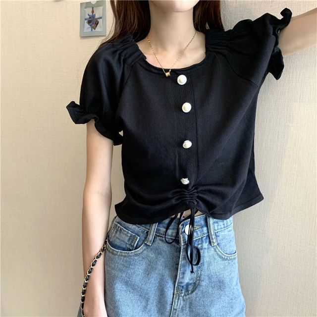 Short-Sleeve Neck Drawstring Button Square Top Pearl Faux Knit Plain