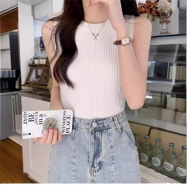 Top Neck Plain Knit Ribbed Crew Tank