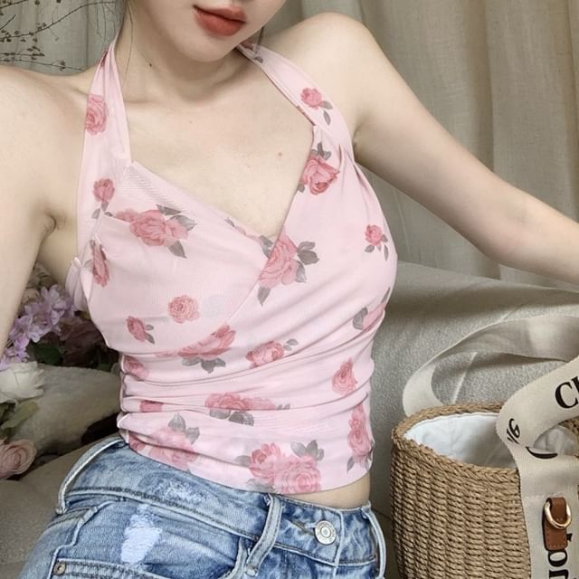 / Print Plain Floral Halter Crop Neck Top Cardigan