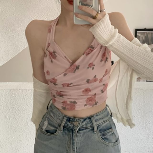 / Print Plain Floral Halter Crop Neck Top Cardigan
